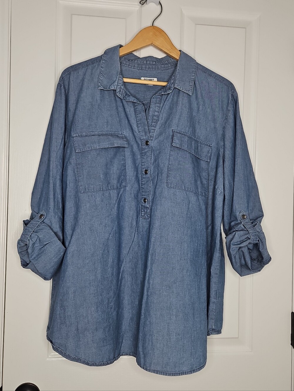 Old Navy Chambray Popover Top XXL Tunic Blue Coastal Beach Cotton Boyfriend